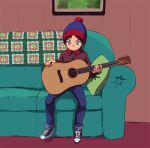  1boy animification aromari beanie black_hair blue_eyes blue_pants brown_jacket converse couch fingernails guitar hat holding holding_instrument indoors instrument jacket male_child male_focus pants shoelaces shoes sitting solo south_park stan_marsh 