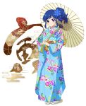  1girl aikatsu! aikatsu!_(series) bangs blue_eyes blue_hair blue_kimono chinese_zodiac closed_mouth commentary_request egasumi furisode hair_ornament highres holding holding_umbrella japanese_clothes kanji kimono kiriya_aoi kousuke0912 long_sleeves looking_at_viewer medium_hair new_year obi oil-paper_umbrella print_kimono sandals sash side_ponytail smile socks solo standing swept_bangs tabi umbrella white_footwear white_socks yagasuri year_of_the_tiger zouri 