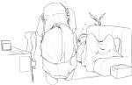  1boy 1girl blanket blue_archive box chair couch cropped_legs desk greyscale hat long_hair lying monochrome notice_lines on_back plant rkgk_ojisan santa_hat sleeping two_side_up under_covers yuuka_(blue_archive) zzz 