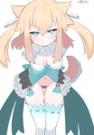  1girl :&lt; absurdres animal_ears ass_visible_through_thighs blonde_hair blue_dress blue_eyes blush breasts closed_mouth dress head_tilt highres inukaze_yamu leaning_forward looking_at_viewer maebari multicolored_thighhighs navel original simple_background small_breasts solo tail thighhighs twintails white_background white_thighhighs 
