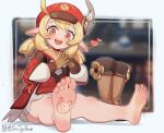  1girl bare_legs barefoot blonde_hair blush boots boots_removed feet genshin_impact gloves hat heart highres klee_(genshin_impact) legs looking_at_viewer open_mouth pointy_ears red_eyes sin_(sintrybest) soles solo teeth toes upper_teeth_only 