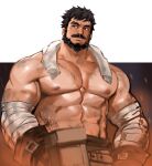  1boy anvil apron bandaged_arm bandages bara beard black_eyes black_hair blacksmith bright_pupils cowboy_shot dirty dirty_clothes dopey_(dopq) facial_hair genshin_impact glowing_hot highres large_pectorals looking_to_the_side male_focus mature_male muscular muscular_male mustache pectorals short_hair smile solo stomach sweat sword tan tanlines thick_eyebrows topless_male wagner_(genshin_impact) waist_apron weapon 