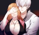  1boy 1girl bangs black_kimono bleach blue_eyes breasts cleavage commentary_request covering_another&#039;s_eyes crying grey_hair h_haluhalu415 hair_over_one_eye hug hug_from_behind ichimaru_gin japanese_clothes kimono large_breasts long_bangs long_hair looking_at_viewer matsumoto_rangiku mole mole_under_mouth o-ring orange_hair parted_lips pink_shawl robe shawl short_hair simple_background streaming_tears tears white_robe 