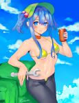  1girl :d absurdres backpack bag bangs bikini black_pants blue_eyes blue_hair blue_nails blue_sky breasts can cleavage cloud cowboy_shot english_commentary green_headwear hair_bobbles hair_ornament highres holding holding_can holding_wrench kawashiro_nitori looking_at_viewer medium_breasts navel outdoors pants parted_lips signature sky smile solo standing swimsuit tomatolover16 touhou two_side_up wrench yellow_bikini 