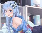  1girl absurdres airenif bare_shoulders blue_eyes blue_hair blush bow breasts hair_bow highres hololive hoshimachi_suisei japanese_clothes kimono long_hair looking_at_viewer medium_breasts no_bra off_shoulder open_mouth pillow solo virtual_youtuber 