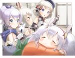  4girls absurdres animal_ears ayanami_(azur_lane) azur_lane beret blue_eyes bottle camisole carrot_pillow chigemisoneki closed_eyes cross cross_hair_ornament crown fake_animal_ears gloves grey_hair hair_ornament hat headgear highres holding holding_bottle iron_cross javelin_(azur_lane) laffey_(azur_lane) looking_at_another medium_hair meowfficer_(azur_lane) mini_crown multiple_girls pillow purple_eyes purple_hair purple_ribbon red_eyes ribbon short_hair sleeping twintails upper_body white_camisole white_gloves wide_ponytail z23_(azur_lane) 