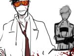  1boy 1girl a.m annoyed bad_source black_hair blood blood_on_clothes blood_on_face blood_on_hands crossover english_text evil_grin evil_smile glados glasses grin i_have_no_mouth_and_i_must_scream kwh6762 labcoat messy_hair necktie opaque_glasses personification portal_(series) red_necktie smile white_hair 