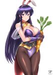  1girl absurdres alternate_costume animal_ears ayra_(fire_emblem) bare_shoulders black_eyes black_gloves black_hair breasts carrot cleavage fire_emblem fire_emblem:_genealogy_of_the_holy_war gloves gold_trim highres holding holding_carrot kaos_art large_breasts long_hair pantyhose playboy_bunny rabbit_ears solo 