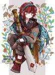  1boy artist_name bloomminority blue_flower brown_eyes fantasy floral_background flower highres holding holding_sword holding_weapon huge_weapon looking_to_the_side male_focus original red_hair short_hair solo star_(symbol) steampunk sword twitter_username weapon white_background 