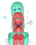  +++ 2girls :d blue_eyes colored_skin commission completely_nude curss glasses green_hair green_skin heart highres long_hair looking_at_viewer melting monster_girl multiple_girls musical_note nude original red_hair red_skin simple_background skeb_commission slime_girl smile spoken_musical_note white_background 