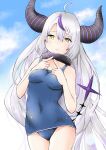  1girl ahoge blue_one-piece_swimsuit braid breasts cloud contrapposto covered_navel demon_girl demon_horns demon_tail frown grey_hair highres hololive horns la+_darknesss long_hair mochiki_927 multicolored_hair one-piece_swimsuit purple_hair school_swimsuit small_breasts solo streaked_hair swimsuit tail two-tone_hair upper_body very_long_hair virtual_youtuber yellow_eyes 
