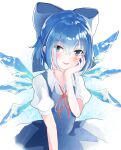  1girl bangs blue_bow blue_dress blue_eyes blue_hair blue_theme bow cirno close-up detached_wings dress hair_between_eyes hair_bow highres ice ice_wings neck_ribbon open_mouth pinafore_dress puffy_short_sleeves puffy_sleeves red_ribbon ribbon shiny shiny_hair shirt short_hair short_sleeves smile solo touhou touya_kotonari white_shirt wings 