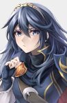  1girl armor bangs black_sweater blue_cape blue_eyes blue_gloves blue_hair blush cape closed_mouth commentary fingerless_gloves fire_emblem fire_emblem_awakening gloves grey_background hair_between_eyes high_collar jewelry long_hair looking_at_viewer lucina_(fire_emblem) red_cape shoulder_armor simple_background solo sweater ten_(tenchan_man) tiara turtleneck turtleneck_sweater two-tone_cape 