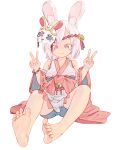  1girl animal_ears bangs barefoot bell chaosexceed chinese_zodiac dot_nose feet foot_focus foreshortening highres japanese_clothes kimono legs mask new_year no_shoes original rabbit rabbit_ears red_eyes sitting smile soles spread_toes toes 