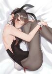  1girl 3: absurdres animal_ears bangs bare_shoulders bed_sheet black_hair black_leotard blush breasts closed_mouth detached_collar earrings embarrassed fake_animal_ears fake_tail feet_out_of_frame highleg highleg_leotard highres hugging_own_legs jewelry kaya_(yyao_mie) large_breasts legs leotard long_hair long_legs looking_at_viewer lying on_side pantyhose playboy_bunny rabbit_ears rabbit_tail red_eyes sidelocks solo spy_x_family sweatdrop tail white_wrist_cuffs wrist_cuffs yor_briar 