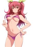  1girl absurdres bangs bare_arms bikini blush bow breasts closed_mouth collarbone covered_nipples frown gradient_hair green_bow groin hair_between_eyes hair_bow hand_on_hip highres long_hair looking_at_viewer medium_breasts multicolored_hair navel nijizuki_shino purple_bikini purple_hair rakudai_kishi_no_cavalry red_eyes red_hair shiny shiny_hair side-tie_bikini_bottom simple_background sketch solo standing stella_vermillion swimsuit twintails underboob v-shaped_eyebrows white_background 