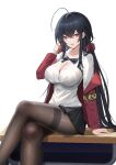  1girl ahoge aliasing azur_lane bangs black_bow black_bowtie black_hair black_skirt bow bowtie breasts brown_pantyhose cleavage collared_shirt crossed_bangs crossed_legs desk feet_out_of_frame hand_in_own_hair jacket large_breasts legs long_hair long_sleeves loose_bowtie miniskirt official_alternate_costume on_desk pantyhose partially_unbuttoned pleated_skirt red_eyes red_jacket shirt shirt_tucked_in simple_background sitting sitting_on_desk skirt solo taihou_(azur_lane) taihou_(sweet_time_after_school)_(azur_lane) thighband_pantyhose very_long_hair white_background yomi1221 