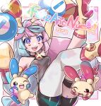  1girl 2023 aqua_hair blush boots character_hair_ornament fu_(tk1189227dhy) hair_ornament happy_new_year iono_(pokemon) legs looking_at_viewer minun multicolored_hair one_eye_closed open_mouth pink_hair plusle pokemon pokemon_(creature) pokemon_(game) pokemon_sv sharp_teeth smile spanish_text teeth thigh_strap two-tone_hair 