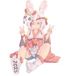  1girl animal_ears bangs bell chaosexceed chinese_zodiac dot_nose feet highres japanese_clothes kimono legs mask new_year no_shoes original rabbit rabbit_ears red_eyes sitting smile soles tabi toes v white_hair 