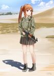  1girl 2018 absurdres ak-47 alternate_color ammunition_pouch assault_rifle bangs belt belt_buckle belt_pouch black_footwear blue_shirt blue_sky boots brown_belt brown_eyes brown_hair buckle cloud collarbone collared_shirt combat_boots commentary dated day desert full_body green_shirt grey_skirt gun hair_ornament hair_scrunchie highres holding holding_gun holding_weapon kalashnikov_rifle landscape long_sleeves looking_to_the_side military military_uniform no_socks open_collar original outdoors parted_lips pleated_skirt pocket ponytail pouch rifle sand scrunchie shadow shirt sidelocks signature skirt sky soldier solo soviet soviet_sergeant standing striped striped_shirt telnyashka two-tone_shirt undershirt uniform war_in_afghanistan weapon white_scrunchie white_shirt 