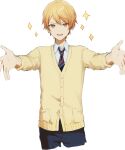  1boy bangs blonde_hair buttons cardigan collared_shirt diagonal-striped_necktie gradient_hair hair_between_eyes highres jdiujl kamiyama_high_school_uniform_(project_sekai) long_sleeves looking_at_viewer multicolored_hair necktie open_mouth orange_eyes orange_hair outstretched_arms pocket project_sekai school_uniform shirt short_hair solo star_(symbol) striped_necktie tenma_tsukasa white_background white_shirt yellow_cardigan 