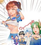  1girl 1other 4boys arle_nadja black_hair blue_eyes blue_hair breasts brown_hair closed_eyes commentary_request crying flower green_hair holding holding_flower incubus_(puyopuyo) lagnus_the_brave madara_(mbl_cod) madou_monogatari multiple_boys ponytail puyo_(puyopuyo) puyopuyo red_eyes red_flower red_rose rose satan_(puyopuyo) schezo_wegey smile sweat translated white_hair yellow_eyes 