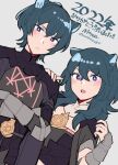  1boy 1girl 2022 :o animal_ears armor bangs black_armor black_cape blue_hair blush byleth_(fire_emblem) byleth_(fire_emblem)_(female) byleth_(fire_emblem)_(male) cape cat_ears closed_mouth commentary_request crossed_arms do_m_kaeru fang fire_emblem fire_emblem:_three_houses gauntlets grey_background hair_between_eyes hand_on_another&#039;s_shoulder height_difference kemonomimi_mode long_hair looking_at_viewer purple_eyes short_hair simple_background translation_request twitter_username 