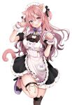  1girl :d animal_ears apron bell black_dress blue_eyes breasts cat_ears cat_tail dress frilled_dress frills heterochromia high_heels highres long_hair looking_at_viewer maid maid_apron maid_headdress medium_breasts neck_bell open_mouth original paw_pose pink_hair purple_eyes smile solo tail yugirlpict 
