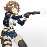  1girl aiming belt blush breasts brown_hair colored_inner_hair commission english_commentary eyewear_on_head fur-trimmed_jacket fur_trim gamryous girls&#039;_frontline gloves grizzly_mkv_(girls&#039;_frontline) gun highres holster jacket large_breasts multicolored_hair partially_fingerless_gloves purple_eyes short_hair shorts smart_pistol solo sunglasses thigh_holster titanfall_(series) titanfall_2 trigger_discipline weapon zipper 