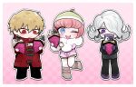  1boy 2girls :d andou_ruruka bangs black_jacket black_pants black_pantyhose black_skirt blonde_hair blush blush_stickers border bow brown_footwear chibi danganronpa_(series) danganronpa_3_(anime) flipped_hair food foot_up fur_collar gloves green_headwear grey_background grey_hair happy izayoi_sounosuke jacket kimura_seiko long_sleeves mask monokuma mouth_mask multiple_girls one_eye_closed outline pants pantyhose pink_background pink_hair pink_jacket purple_eyes purple_gloves red_eyes red_jacket shimada_(dmisx) shoes short_hair skirt smile teeth thighhighs upper_teeth_only white_border white_bow white_outline white_thighhighs 