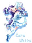  1girl :d blue_eyes blue_hair boots bow character_name commentary_request cure_white detached_sleeves dress earrings eyelashes florence_temporary futari_wa_precure futari_wa_precure_max_heart hair_bow hair_ornament half_updo happy heart heart_earrings highres jewelry leg_warmers long_hair looking_at_viewer magical_girl open_mouth ponytail precure simple_background smile solo white_background white_dress white_footwear white_leg_warmers yukishiro_honoka 