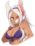  1girl alternate_hairstyle animal_ears bare_shoulders bikini blush boku_no_hero_academia breasts collarbone commentary cropped_torso dark-skinned_female dark_skin dashi front-tie_bikini_top front-tie_top grey_hair grin hair_ornament hair_scrunchie high_ponytail highres large_breasts long_hair looking_at_viewer mirko one_eye_closed patreon_username purple_bikini rabbit_ears red_eyes scrunchie simple_background smile smug solo swimsuit symbol-only_commentary underboob upper_body watermark web_address white_background 