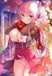  1girl absurdres adjusting_scarf aqua_eyes blurry blurry_background blush bow bra bra_pull breasts buttons christmas clothes_lift clothes_pull frilled_bra frills hair_between_eyes hair_bow highres jacket kino_(kino_konomi) large_breasts long_hair looking_at_viewer melonbooks nipples no_panties no_pussy non-web_source open_clothes open_jacket open_shirt original outdoors pink_hair pleated_skirt red_scarf red_shirt red_skirt scarf school_uniform shirt shirt_pull sidelocks skirt skirt_lift solo standing striped striped_scarf twintails underwear white_bra wind wind_lift 