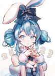  1girl 2023 :o absurdres animal_ears bare_shoulders blue_dress blue_eyes blue_hair blue_nails breasts cleavage double_bun dress fake_animal_ears fur_trim hair_bun hatsune_miku highres looking_at_viewer pipi playboy_bunny rabbit_ears simple_background small_breasts solo upper_body vocaloid white_background 