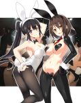  2girls animal_ears black_bow black_bowtie black_gloves black_hair bow bowtie breasts brown_hair brown_pantyhose closed_mouth detached_collar fake_animal_ears gloves grey_eyes hair_between_eyes heart_pasties highres large_breasts leotard long_hair looking_at_viewer meme_attire multiple_girls navel necktie nyoro_(nyoronyoro000) original pantyhose pasties playboy_bunny ponytail rabbit_ears red_necktie reverse_bunnysuit reverse_outfit short_hair smile standing stomach white_leotard yellow_eyes 