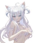  1girl :3 absurdres ahoge animal_ears bangs blue_eyes blue_hair blunt_bangs blush bra breasts cat_ears cat_tail choker gawr_gura grey_hair hair_ornament highres hololive hololive_english long_hair looking_at_viewer multicolored_hair ribbon small_breasts solo streaked_hair tail two_side_up underwear upper_body virtual_youtuber white_background white_bra yoru_(0_0yoru) 
