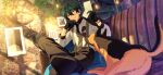  1boy animal_ears aqua_eyes bangs black_coat black_gloves chain coat coat_on_shoulders collared_shirt couch crossed_legs dog dog_ears dog_tail ensemble_stars! gears gloves green_hair hair_between_eyes happy_elements heterochromia holding kagehira_mika long_sleeves male_focus necktie official_art open_mouth plant shirt short_hair solo sunglasses suspenders tail third-party_source watch wristwatch yellow_eyes 