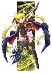  1girl armpits bangs bardiche black_bow black_footwear black_gloves black_leotard blonde_hair blue_cape boots bow brown_eyes cape fate_testarossa floating_hair gloves hair_bow halberd highres holding holding_weapon leotard long_hair lyrical_nanoha magic_circle mahou_shoujo_lyrical_nanoha mahou_shoujo_lyrical_nanoha_the_movie_1st open_mouth polearm showgirl_skirt solo taiga_hiroyuki thigh_boots twintails very_long_hair weapon 