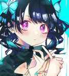  1girl atto_silia bangs black_hair commentary_request fukumaru_koito gesture hair_ribbon idolmaster idolmaster_shiny_colors looking_at_viewer medium_hair portrait purple_eyes ribbon solo swept_bangs turtleneck twintails upper_body 