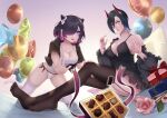  2girls absurdres all_fours azur_lane balloon black_garter_straps black_hair black_nightgown black_thighhighs box box_of_chocolates breasts camisole candy chocolate cleavage detached_sleeves flower food frills from_side full_body gift gift_box hair_horns hair_over_one_eye haruniji heart heart-shaped_chocolate highres horns jervis_(azur_lane) large_breasts mechanical_horns medium_breasts medium_hair multicolored_hair multiple_girls nightgown panties pink_flower pink_rose purple_eyes purple_hair purple_ribbon red_horns ribbon rose short_sleeves sitting streaked_hair thighhighs two-tone_hair ulrich_von_hutten_(azur_lane) underwear white_camisole white_hair white_panties yellow_eyes 