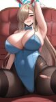  1girl absurdres armpits asuna_(blue_archive) asuna_(bunny)_(blue_archive) blue_archive blue_eyes blue_leotard breasts cameltoe couch covered_navel edmun gloves grin hair_over_one_eye halo highres huge_breasts leotard light_brown_hair long_hair looking_at_viewer mole mole_on_breast official_alternate_costume pantyhose playboy_bunny presenting_armpit sideboob sitting smile solo spread_legs thighband_pantyhose very_long_hair white_gloves 