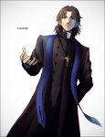  1boy artist_name bangs black_robe brown_eyes brown_hair cassock commentary_request cross crucifix fate/grand_order fate_(series) hand_on_hip happy_new_year k-suwabe kotomine_kirei long_sleeves looking_at_viewer male_focus outstretched_arm parted_bangs priest rasputin_(fate) robe short_hair smile solo upper_body white_background 