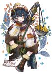  1boy artist_name bloomminority blue_eyes blue_hair dark_blue_hair facing_viewer fantasy floral_background flower full_body hat head_rest highres looking_to_the_side male_focus original red_flower short_hair solo star_(symbol) steampunk twitter_username white_background 