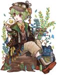 1boy artist_name bloomminority egg_(food) fantasy food full_body gloves goggles goggles_on_head goggles_on_headwear green_hair hat highres holding holding_food leaf male_focus open_mouth orange_eyes original short_hair sitting sitting_on_tree_stump solo steampunk toast tree_stump twitter_username white_background 