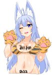  1girl 2022 ahoge akeome animal_ears animal_hands animal_print aster90 bad_id bad_twitter_id bangs bikini blue_eyes blue_hair body_writing breasts commentary cropped_torso fox_ears gloves halterneck happy_new_year highres large_breasts long_hair looking_at_viewer navel one_eye_closed open_mouth orange_bikini orange_gloves original paw_gloves print_bikini simple_background smile solo swimsuit tiger_print upper_body w_arms white_background 