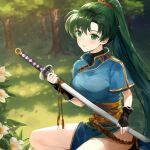  1girl black_gloves blue_dress breasts dress fingerless_gloves fire_emblem fire_emblem:_the_blazing_blade forest gloves green_eyes green_hair highres holding holding_sheath jurge large_breasts long_hair lyn_(fire_emblem) nature pelvic_curtain ponytail sheath sheathed short_sleeves side_slit smile solo sword tree very_long_hair weapon 