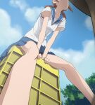  1girl blue_skirt breasts brown_hair cloud haruyama_kazunori houkago_teibou_nisshi kuroiwa_yuuki outdoors panties school_uniform sitting skirt solo twintails underwear 