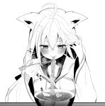  1girl adjusting_hair ahoge animal_ear_fluff animal_ears bangs blush bowl braid chopsticks commentary_request detached_sleeves earrings eating food fox_ears fox_girl greyscale hair_between_eyes holding holding_chopsticks hololive hood hoodie jewelry long_hair looking_at_food monochrome neckerchief noodles red_neckerchief shirakami_fubuki shrimp shrimp_tempura sidelocks single_braid soba solo tako_8_yaki tempura virtual_youtuber 