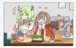  animal_ears bangs brown_hair ceres_fauna commentary fongban_illust food fruit green_hair hair_ornament hakos_baelz highres holding holding_food holding_fruit hololive hololive_english horns japanese_clothes kimono long_hair mouse_ears multicolored_hair multiple_girls nanashi_mumei red_hair sleeping symbol-only_commentary yellow_eyes 