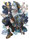  1boy artist_name bloomminority blue_eyes blue_flower blue_hair facing_to_the_side fantasy floral_background flower gloves hat highres looking_up male_focus original red_flower short_hair solo star_(symbol) steampunk twitter_username 